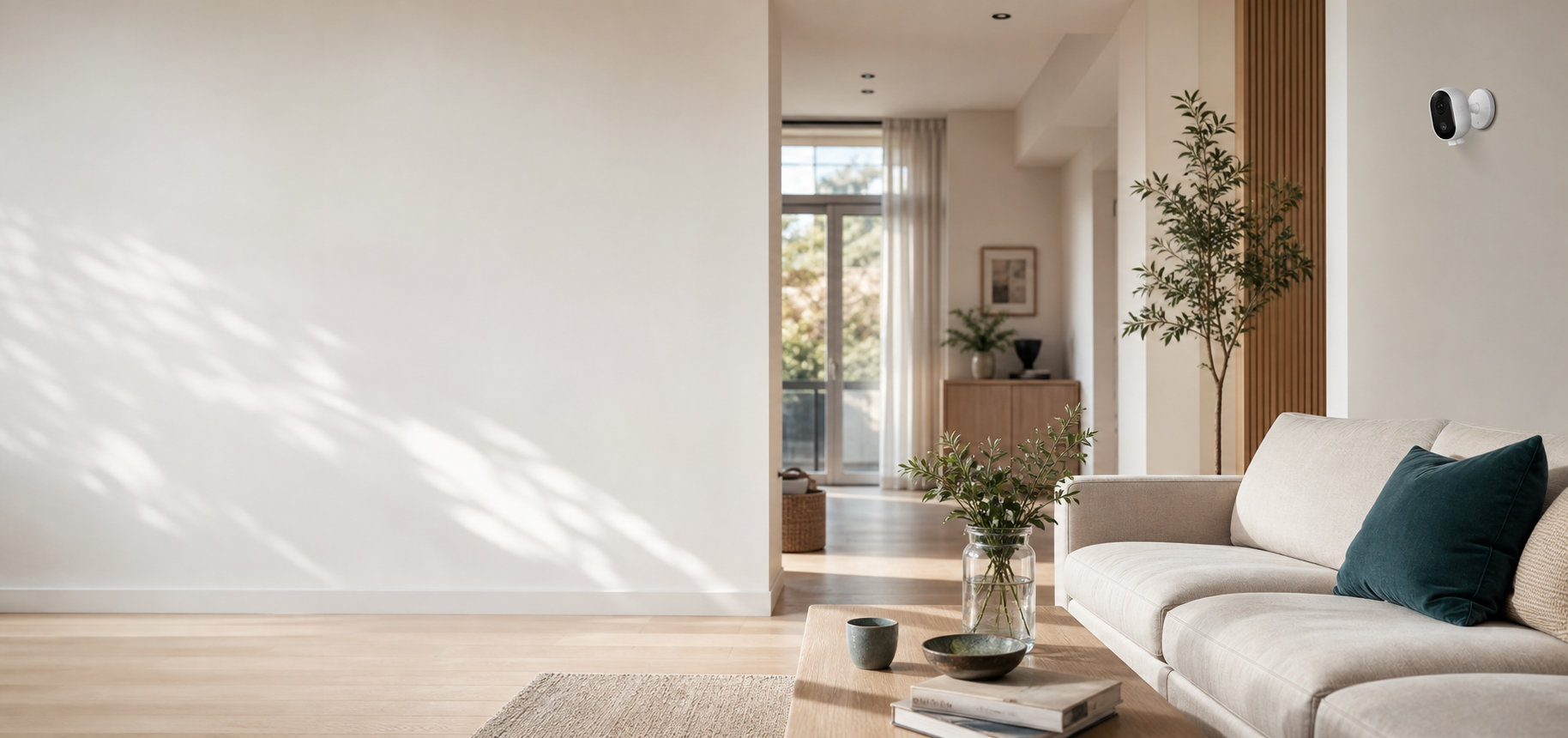 Heller moderner Wohnraum mit dezent integrierter smarter Sicherheitskamera