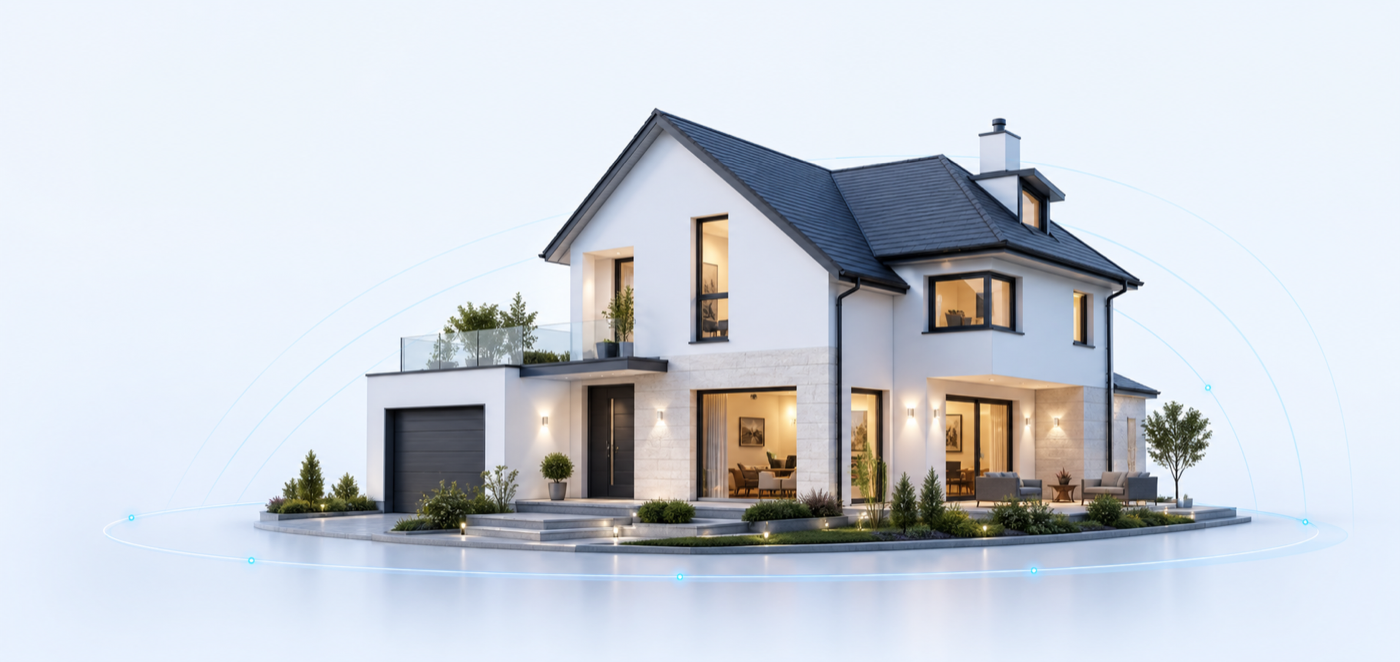 Modernes Einfamilienhaus mit visualisierten Sicherheitszonen