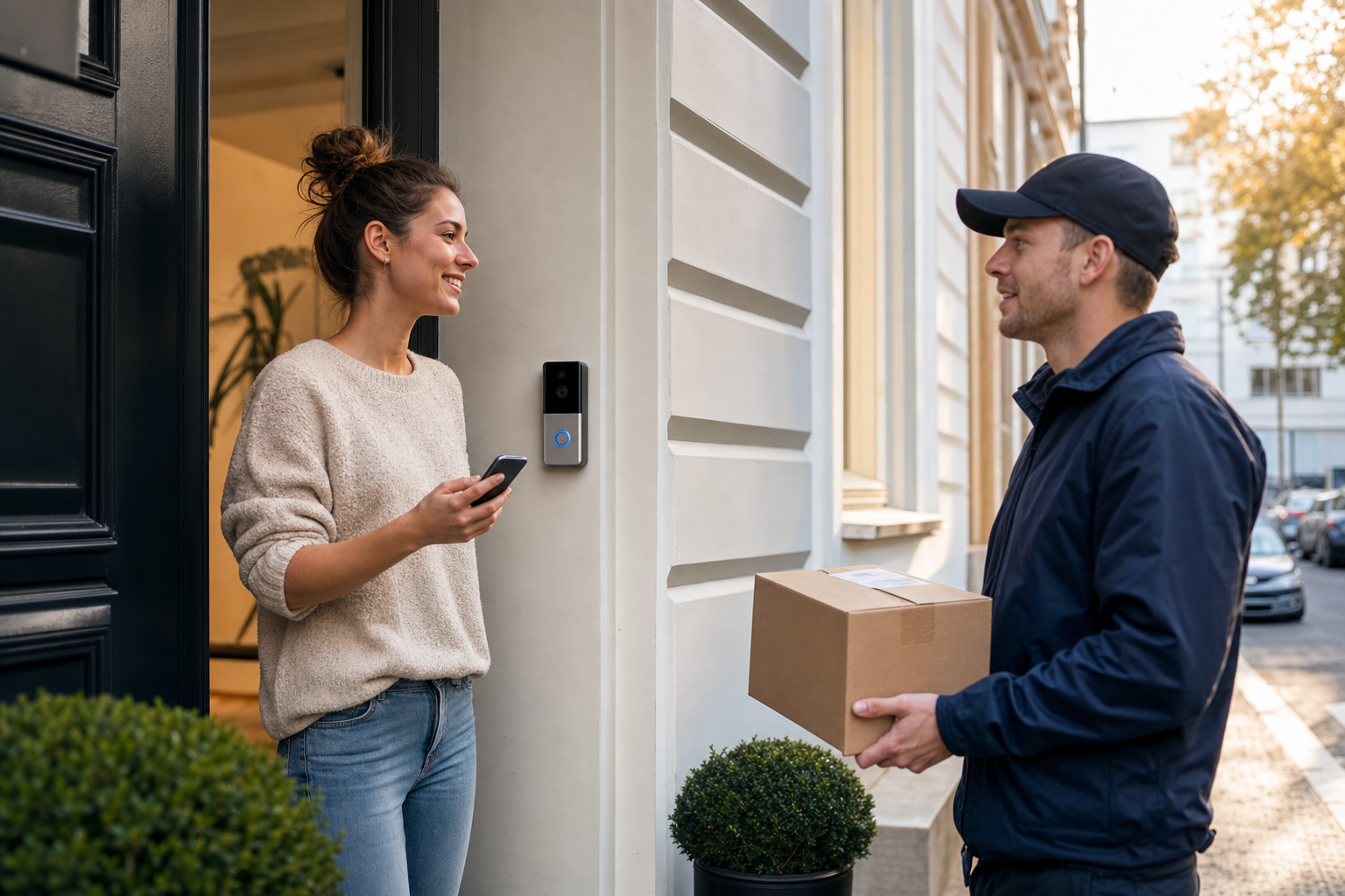 Smarte Türklingeln im authentischen Wohn- und Sicherheitsalltag – Eine sichere Paketannahme zeigt, wie Kamera, Benachrichtigung und persönlicher Komfort an der Haustür zusammenwirken.